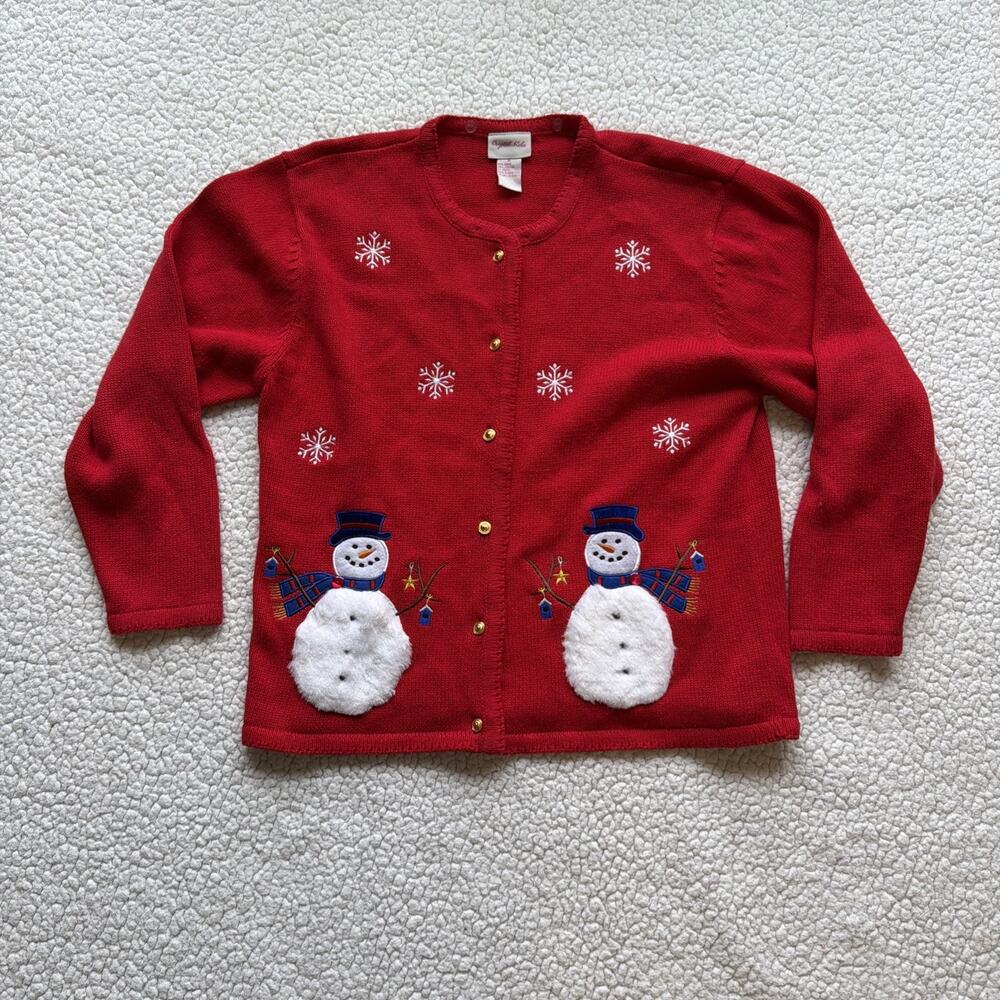 Ugly Grandma Christmas Sweater Size Medium Crystal Kobe Cardigan Fuzzy Snowmen